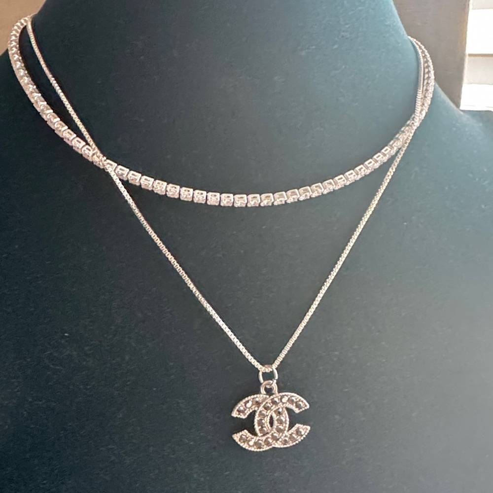 SOLD CHANEL Dark Rhinestone Silver Charm Necklace